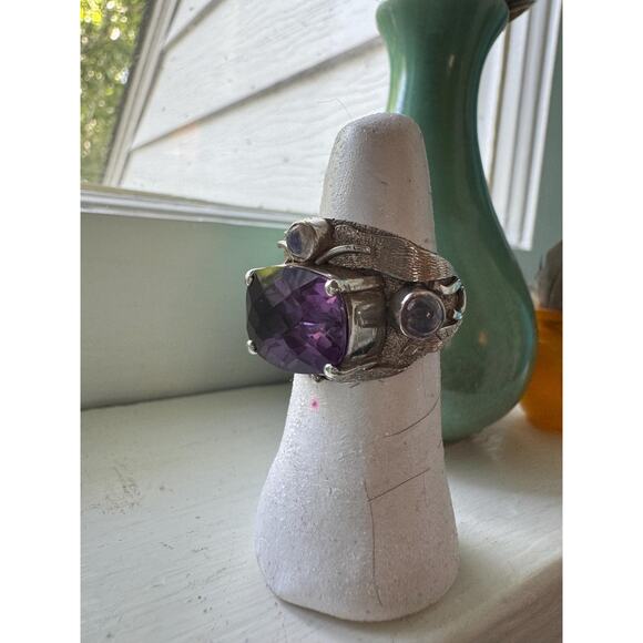 Purple Amethyst Ring Rainbow Moonstone Hand Made Carved Sterling Silver US 8.5 - Picture 8 of 10